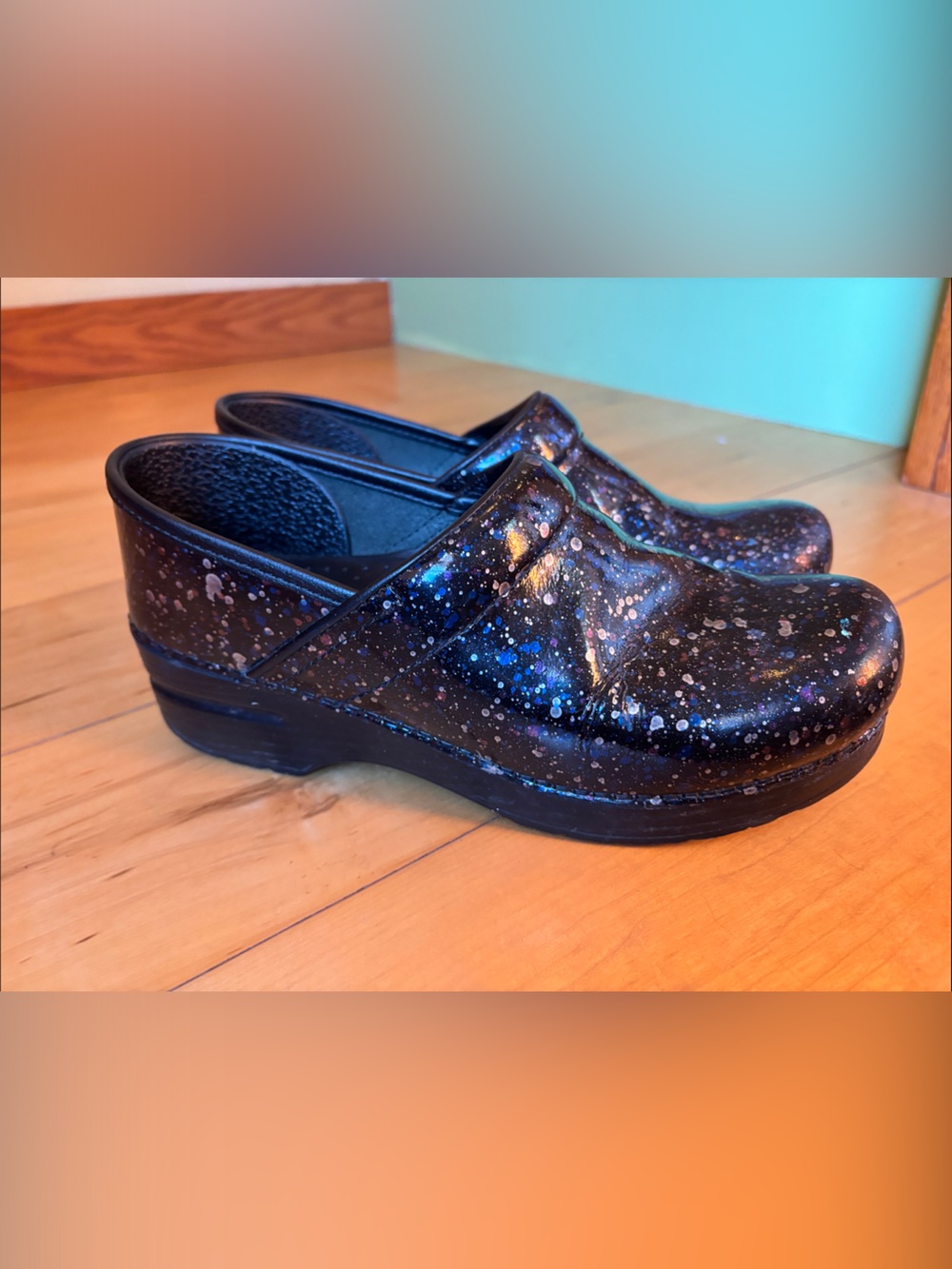 Dansko Black & Blue Galaxy-Print Clogs - Picture 2 of 5